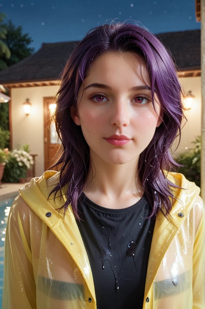 8k photo portrait of a stunning woman with violet hair in a pastel raincoat, looking at the camera, at a bustling crosswalk at night, wet reflections, Highly Detailed, studio ghibli, akira toriyama, james gilleard, genshin impact, trending pixiv fanbox, 4k, vibrant colors